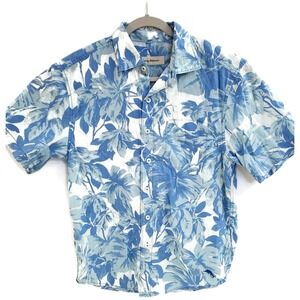 Tommy Bahama Shirt Mens Small Blue White Floral Button Up Hawaiian Cotton Summer